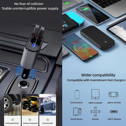 100W 4 IN 1 Retractable Car Charger USB Type C / Iphone